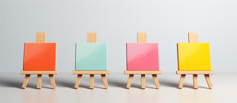 A row of rectangular wooden easels displaying colorful canvases in magenta and electric blue, creating symmetry at an art event