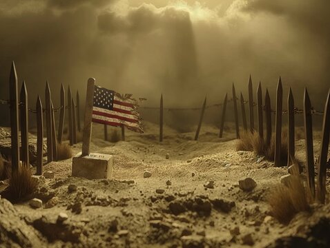 A flag is on a rock in a desert. The flag is torn and the rock is covered in dirt. The scene is desolate and barren