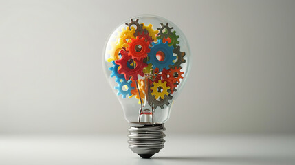 Conceptual image of a light bulb filled with colorful gears, symbolizing innovation and idea generation.
