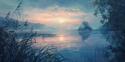 Tranquil lake scenery, foggy morning at sunrise. - 771455605