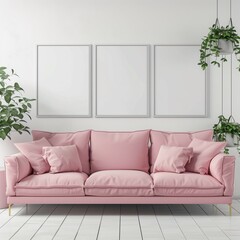 Frame mockup design. Pastel pink sofa, home interior, 3D render