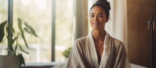 A woman in a bathrobe is sitting by a window, with a plant in the background. She is gazing out, with a slight smile and relaxed gesture, in a portrait photography style