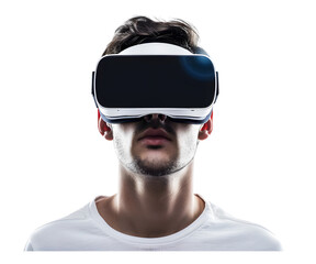 A man wearing VR goggle glasses technology isolated on white transparent background, PNG File. Perfect for clipart
