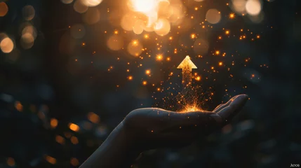 Fotobehang Hand releasing a glowing arrow upwards surrounded by magical golden sparks, symbolizing growth or success. © khonkangrua