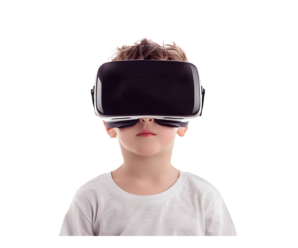 A boy wearing VR goggle glasses technology isolated on white transparent background, PNG File. Perfect for clipart