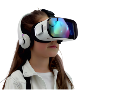 A girl wearing VR goggle glasses technology isolated on white transparent background, PNG File. Perfect for clipart