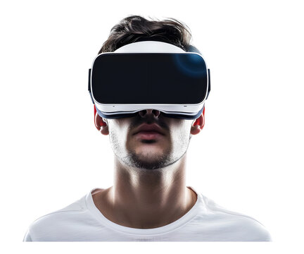 A man wearing VR goggle glasses technology isolated on white transparent background, PNG File. Perfect for clipart