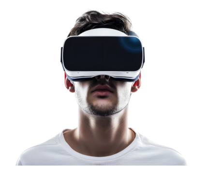 A man wearing VR goggle glasses technology isolated on white transparent background, PNG File. Perfect for clipart - Powered by Adobe