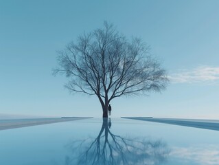 Fototapeta na wymiar A man stands in front of a tree in a body of water. Concept of solitude and contemplation