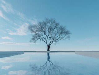 Fototapeta na wymiar A tree stands alone in a body of water, with a couple standing in front of it. The scene is serene and peaceful, with the tree and water reflecting the beauty of the moment