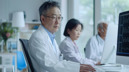 senior asian doctor and senior patient discussing something in medical office