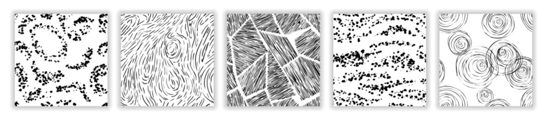 A set of simple hand-drawn seamless patterns. Black and white minimalistic backgrounds. Vector