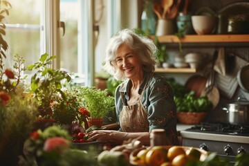 Smiling middle aged woman sitting in domestic kitchen at home, single mature senior in living room with flowers and plants, Generative AI 