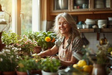 Smiling middle aged woman sitting in domestic kitchen at home, single mature senior in living room with flowers and plants, Generative AI 