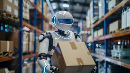 Futuristic robot holding a cardboard box in a warehouse, representing automation and advanced technology in logistics.