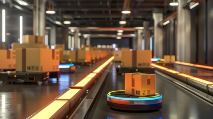 Advanced automated warehouse with robotic machinery transporting cardboard packages on conveyor belts.