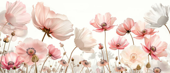 A variety of pink and white cosmos flowers blooming isolated against a pure white background.