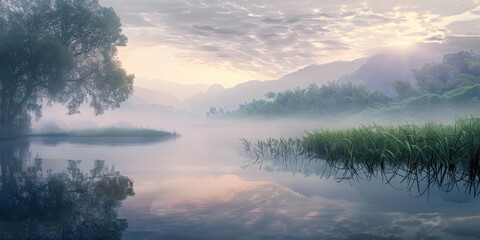 Tranquil lake scenery, foggy morning at sunrise. - 771457222
