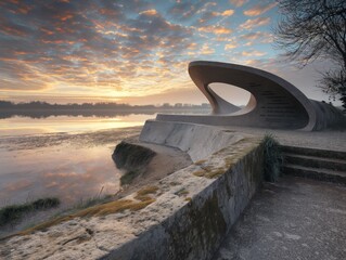 A large, curved structure sits on a beach next to a body of water. The sky is a mix of orange and blue hues, creating a serene and peaceful atmosphere