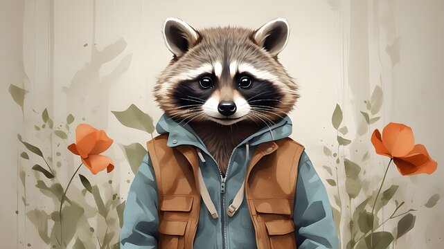 "Against a minimalist backdrop, a charming raccoon stands alone, its inquisitive gaze fixed upon the viewer. The raccoon's form is rendered with bold, expressive lines, capturing its playful nature an