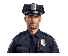 A man portrait in police uniform isolated on white transparent background, PNG File. Perfect for clipart