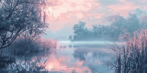 Tranquil lake scenery, foggy morning at sunrise. - 771457435