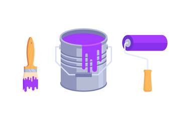 Illustration of a can of purple paint and a brush and roller. A bucket of paint, a roller and a brush.