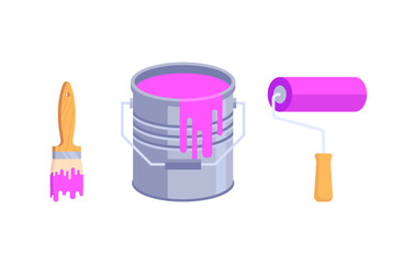 Illustration of a can of pink paint and a brush and roller. A bucket of paint, a roller and a brush.