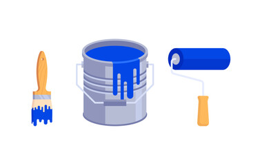 Illustration of a can of blue paint and a brush and roller. A bucket of paint, a roller and a brush.