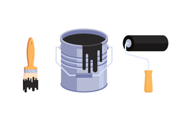 Illustration of a can of black paint and a brush and roller. A bucket of paint, a roller and a brush.
