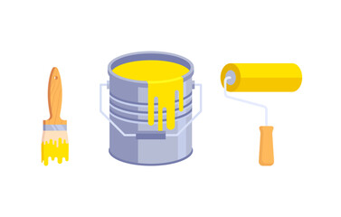 Illustration of a can of yellow paint and a brush and roller. A bucket of paint, a roller and a brush.