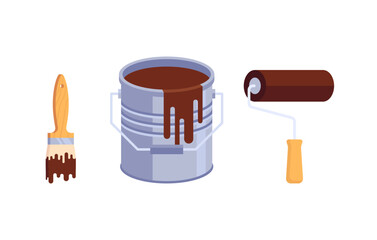 Illustration of a can of brown paint and a brush and roller. A bucket of paint, a roller and a brush.