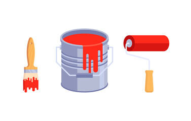 Illustration of a can of red paint and a brush and roller. A bucket of paint, a roller and a brush.