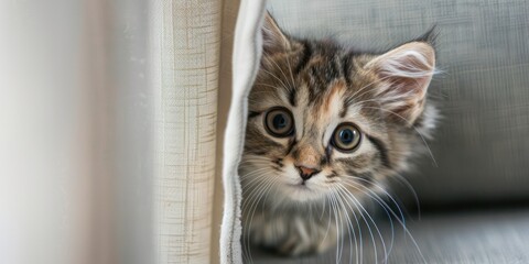 A curious kitten peeking out from behind a curtain. 