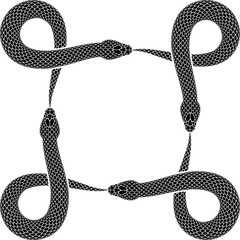 Vector tattoo design of four snakes bites tails in the form of bowen knot sign or command key symbol.  Isolated silhouette of square ouroboros character.