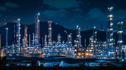 The oil and gas industry, oil intertwined with plants, a chemical plant illuminated at night, oil pillars in the background, white lights on the pipes of a gas station, wide angle, the photo taken fro