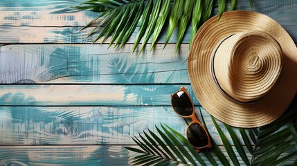 Summer Accessories on Wooden Background Illustration with Palm Leaves, Text Area.