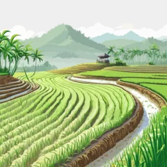 Muurstickers Ricefield Cartoon Design Very Beautiful © BAIM
