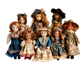 A group of children boy and girl doll isolated on white transparent background, PNG File. Perfect for clipart