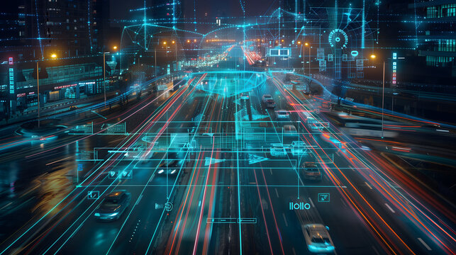 Digital cityscape of an urban road network with cars and trucks, surrounded by glowing data streams and holographic interface