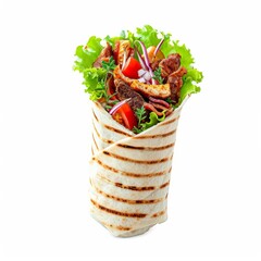 Shawarma sandwich isolated on white background. Gyro fresh roll with pita with grilled chicke, lettuce salad, bacon, tomato, sauces, cheese and vegetables, Generative AI 