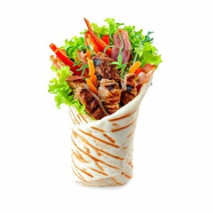 Shawarma sandwich isolated on white background. Gyro fresh roll with pita with grilled chicke, lettuce salad, bacon, tomato, sauces, cheese and vegetables, Generative AI 