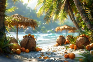 Tropical beach concept made of coconut fruit and sun umbrella. Creative minimal summer idea.  - obrazy, fototapety, plakaty