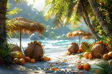 Fotobehang Tropical beach concept made of coconut fruit and sun umbrella. Creative minimal summer idea.  © Ahmad