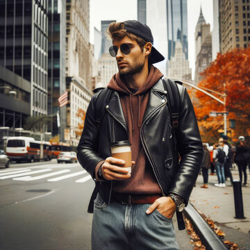 one man in sunglasses, a cap and a leather biker jacket with a glass of coffee in his hands stands on the road in the city