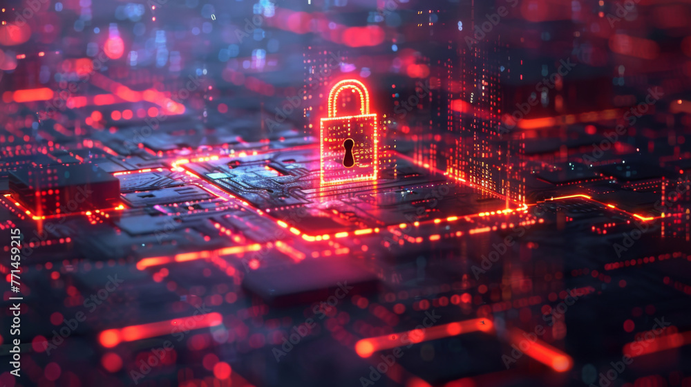 Aufkleber cyber security concept with a digital lock on a glowing circuit board.