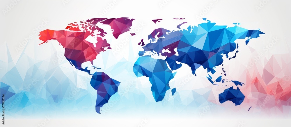 Poster an artistic world map created using colorful triangles on a white background. featuring electric blu