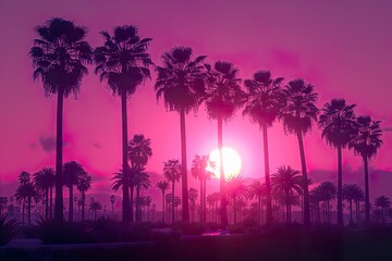 Tropical island sunset with silhouette of palm trees, hot summer day vacation background