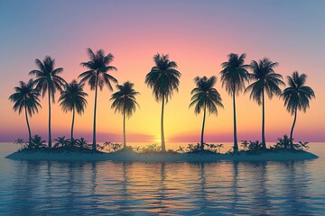 Tropical island sunset with silhouette of palm trees, hot summer day vacation - obrazy, fototapety, plakaty