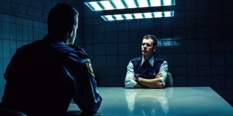 A police officer questioning a suspect in an interrogation room.  - obrazy, fototapety, plakaty
